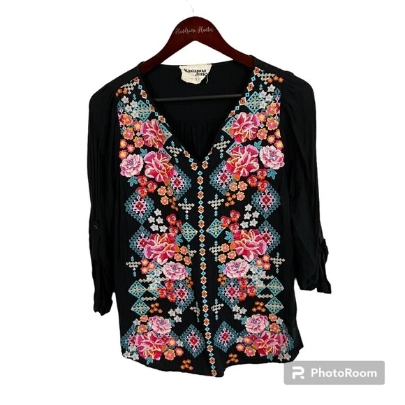 Savanna Jane S Women Top Floral Top Shirt Blouse Embroidered Roll Tab Sleeve T3 - Picture 5 of 12